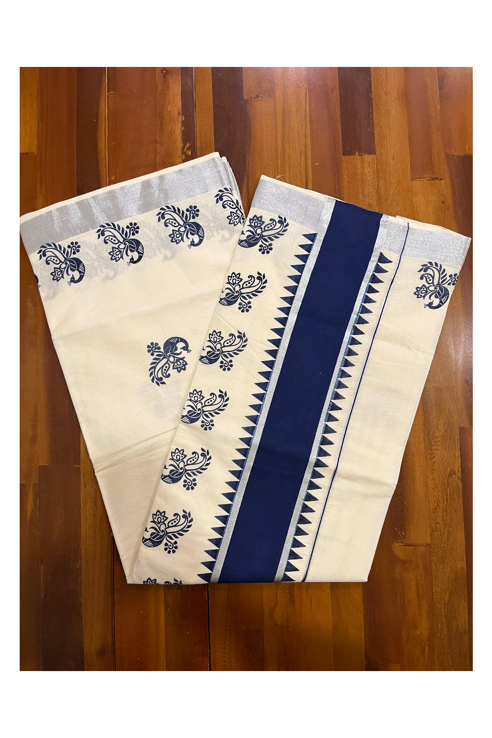 Pure Cotton Kerala Saree with Blue Peacock Block Prints and Silver Kasavu Temple Border (Vishu Saree 2023)