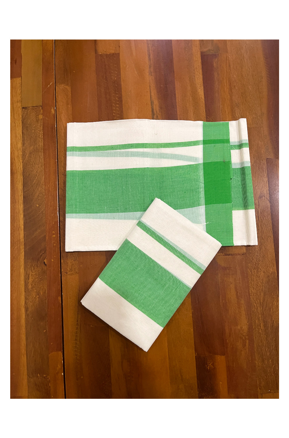 Pure Cotton Single Set Mundu (Mundum Neriyathum ) with Green Border