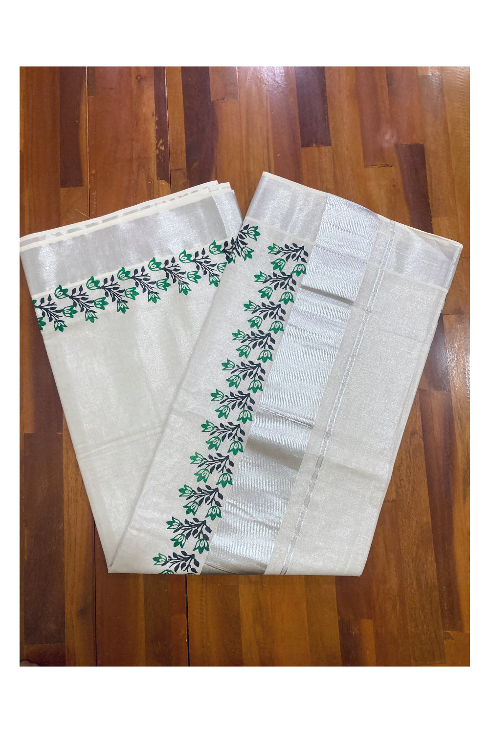 Kerala Silver Tissue Kasavu Saree with Green and Black Block Prints