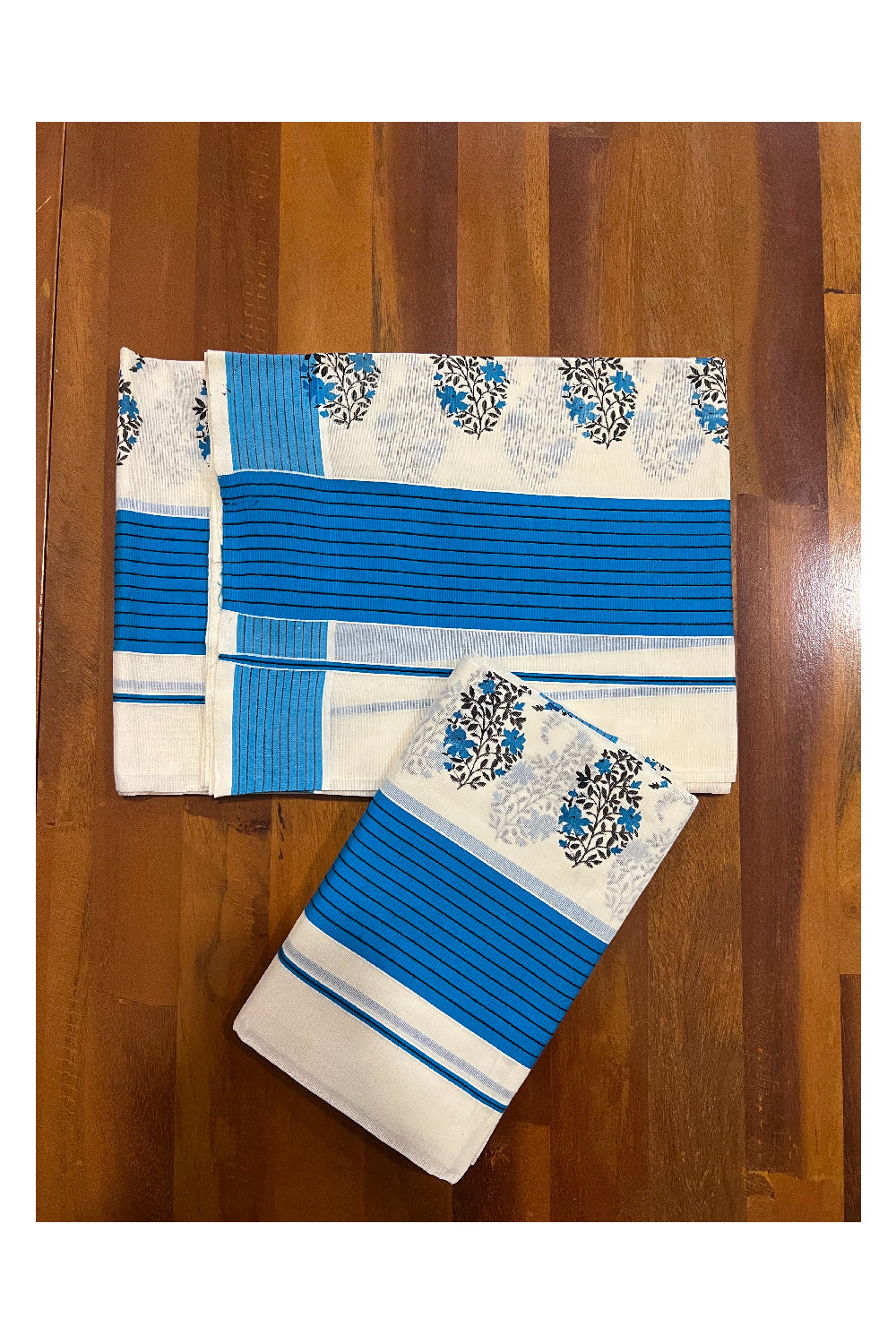 Kerala Cotton Set Mundu (Mundum Neriyathum) with Floral Block Prints in Blue Border