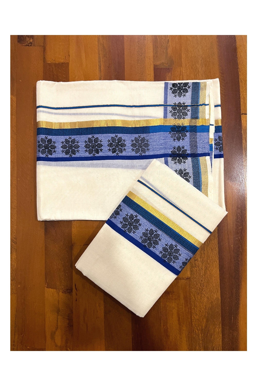 Kerala Cotton Single Kasavu Set Mundu (Mundum Neriyathum) with Block Prints on Blue Border