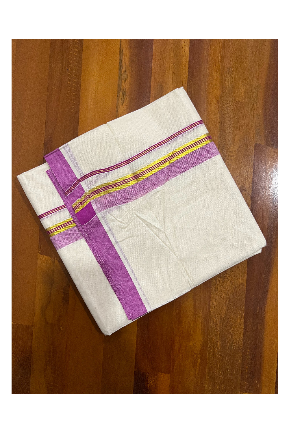 Pure Cotton Off White Double Mundu with Magenta and Kasavu Border (South Indian Kerala Dhoti)