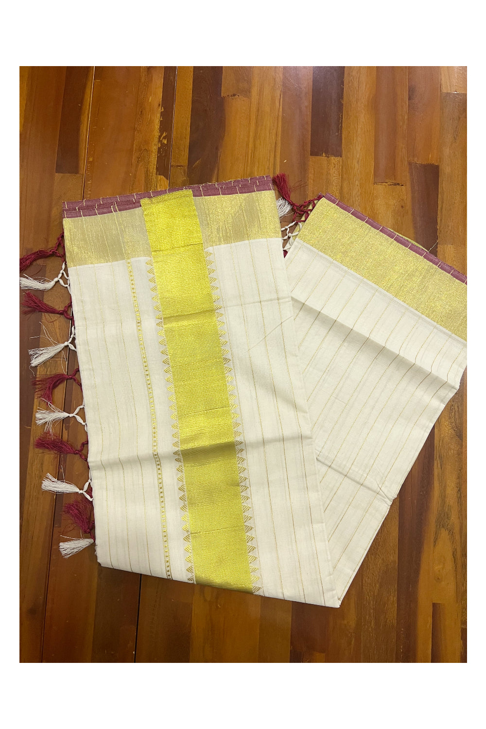 Kerala Cotton Stripes Design Saree with Kasavu Temple Pallu and Maroon Tassels work