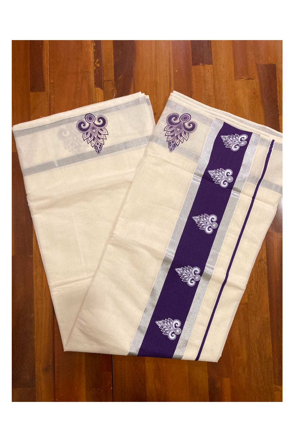 Pure Cotton Kerala Silver Kasavu Saree with White Block Prints in Dark Violet Pallu