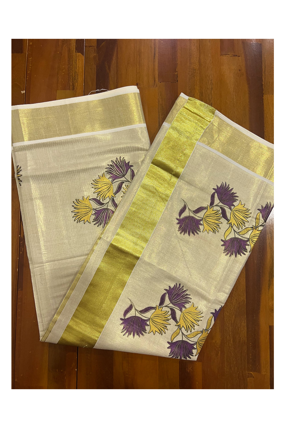 Kerala Tissue Kasavu Saree With Mural Printed Purple and Yellow Floral Design