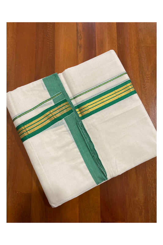 Off White Cotton Mundu with Green and Kasavu Border (South Indian Dhoti)