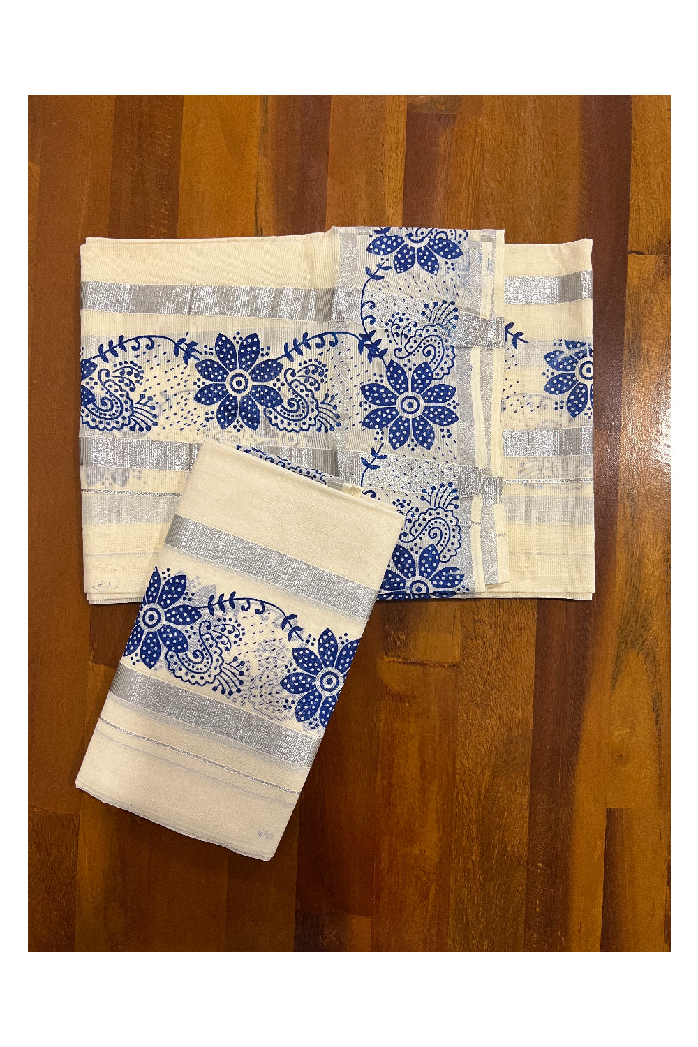 Kerala Cotton Silver Kasavu Set Mundu (Mundum Neriyathum) with Blue Floral Block Print Border