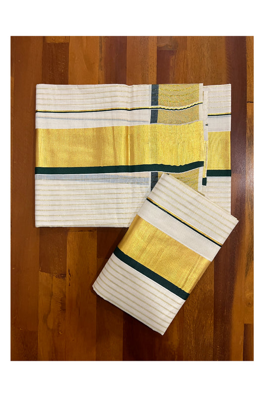 Kerala Cotton Set Mundu (Mundum Neriyathum) with Kasavu Lines on Body and Dark Green Border 2.80 Mtrs