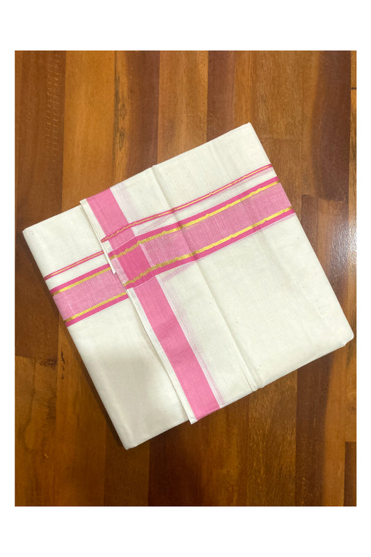 Off White Pure Cotton Double Mundu with Kasavu and Pink Border (South Indian Dhoti)