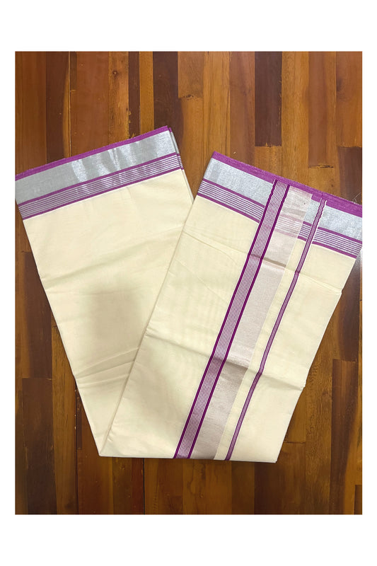 Kerala Pure Cotton Plain Saree with Silver Kasavu and Purple Line Border