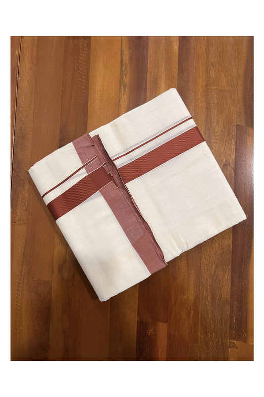 Off White Pure Cotton Double Mundu with Dark Orange Kara (South Indian Dhoti)