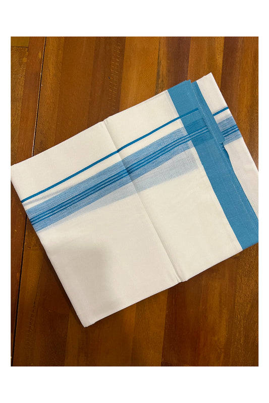 Pure White Kerala Cotton Double Mundu with Light Blue Border (South Indian Dhoti)