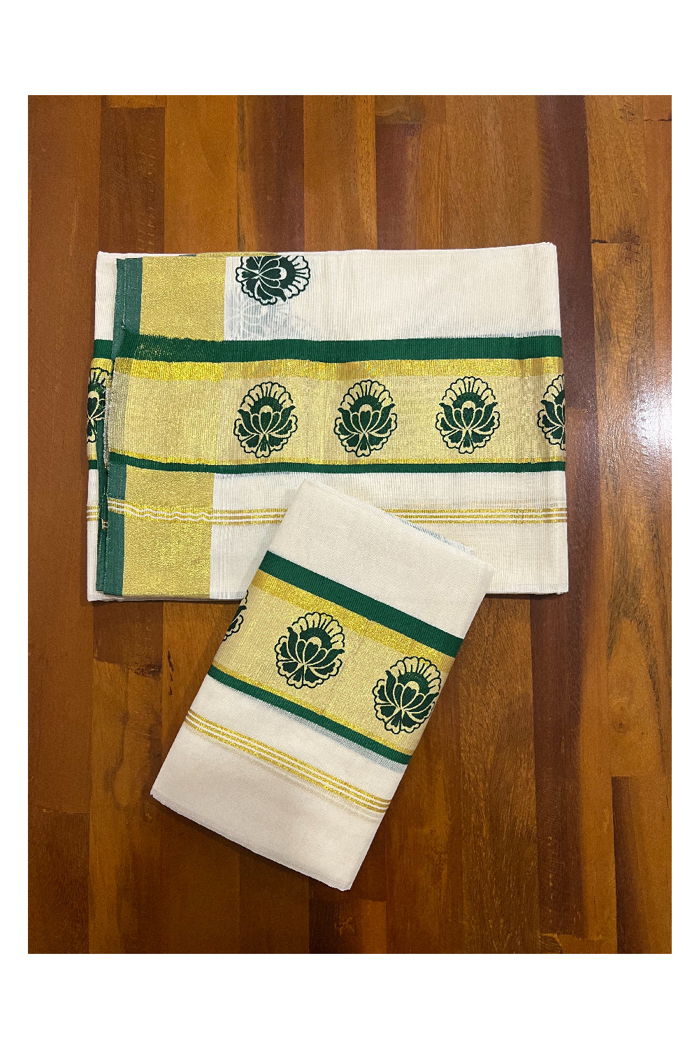 Kerala Cotton Set Mundu (Mundum Neriyathum) with Green Floral Block Prints and Kasavu Border