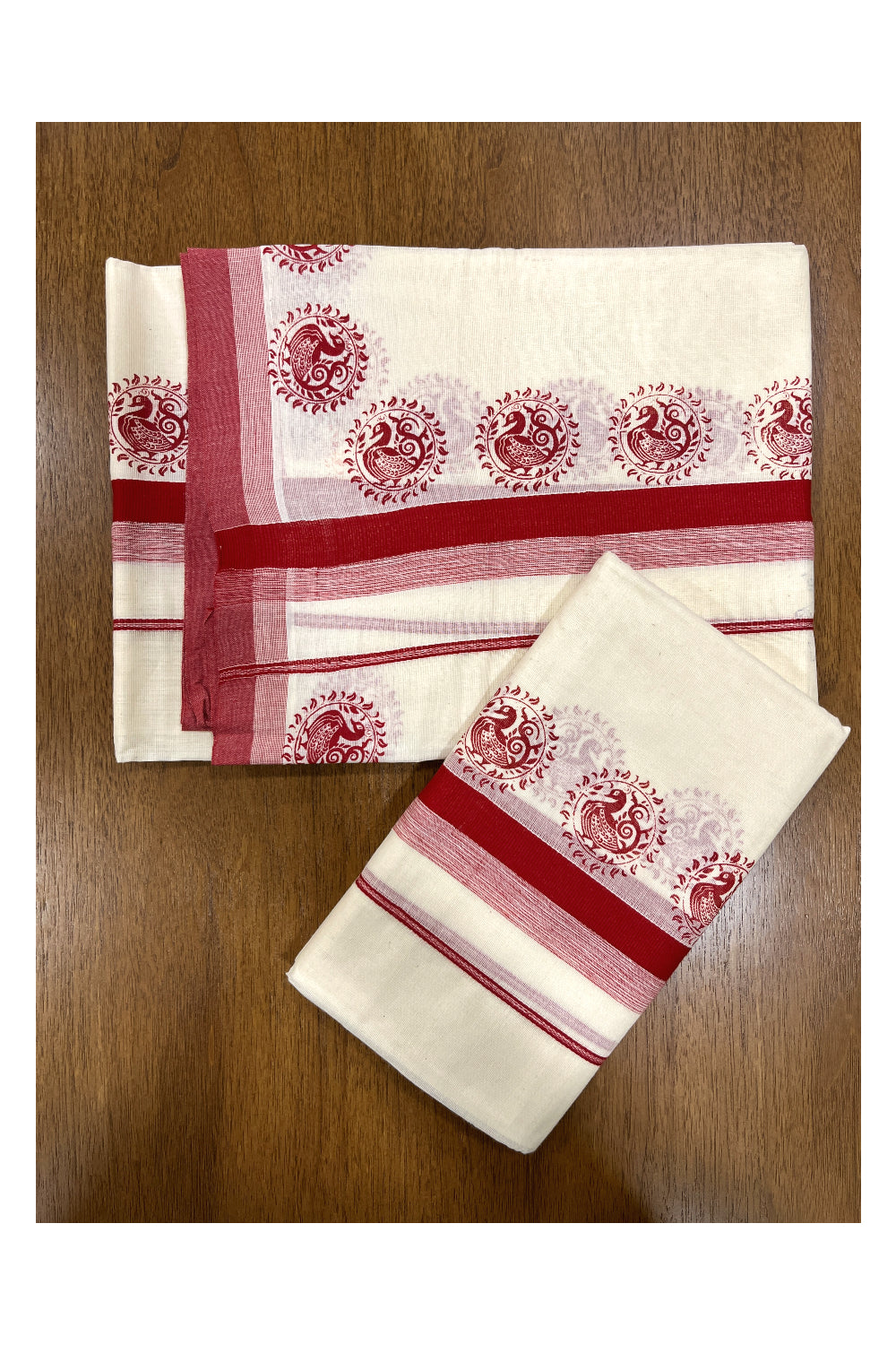 Kerala Cotton Single Set Mundu (Mundum Neriyathum) with Red Peacock Block Prints on Border