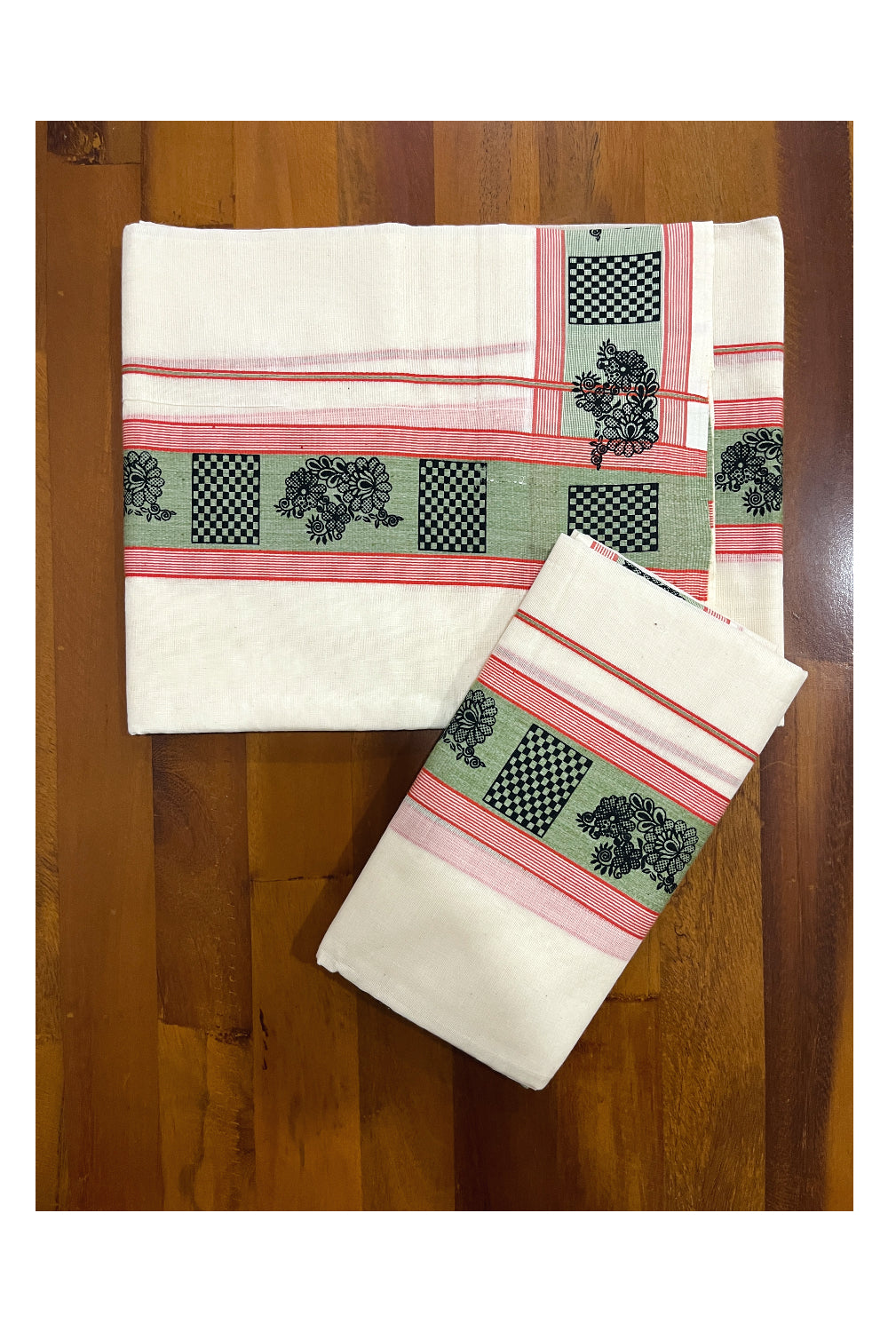 Kerala Cotton Single Set Mundu (Mundum Neriyathum) with Black Block Prints on Green Red Border