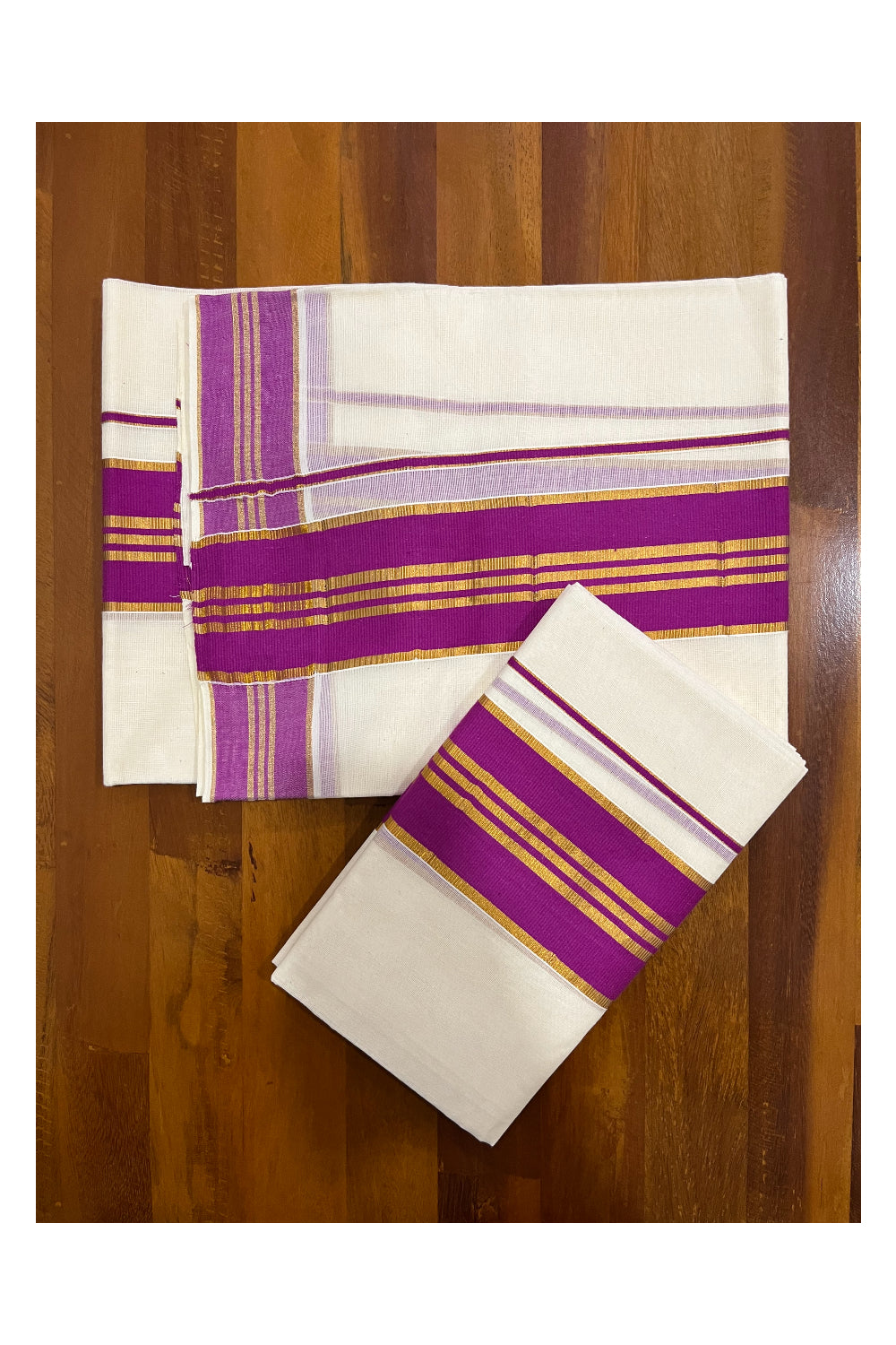 Pure Cotton Kerala Single Set Mundu (Mundum Neriyathum) with Magenta and Kasavu Border