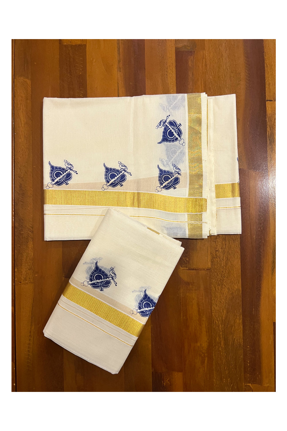 Kerala Cotton Kasavu Set Mundu (Mundum Neriyathum) with Blue Block Prints