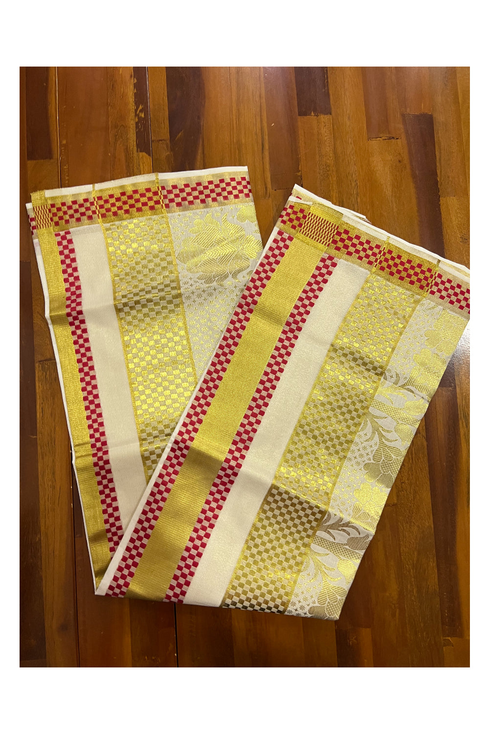 Pure Cotton Kerala Saree with Kasavu Woven Floral Patterns on Body and Red Golden Border