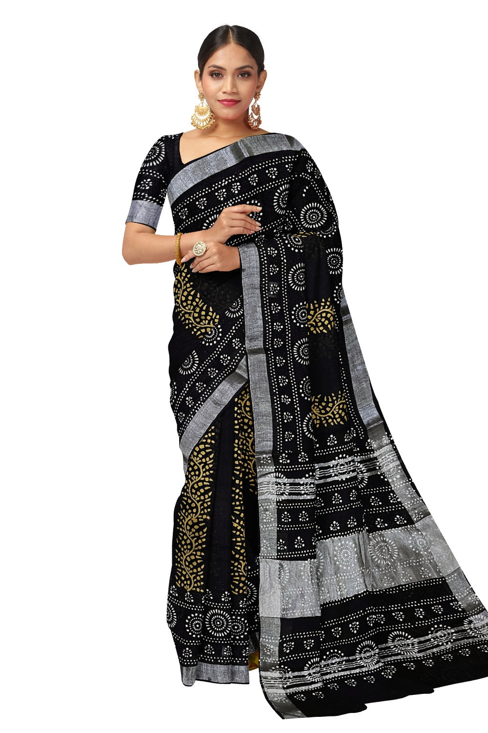 Southloom Linen Designer Black Saree with Yellow White Fabric Prints on Body and Tassels Works