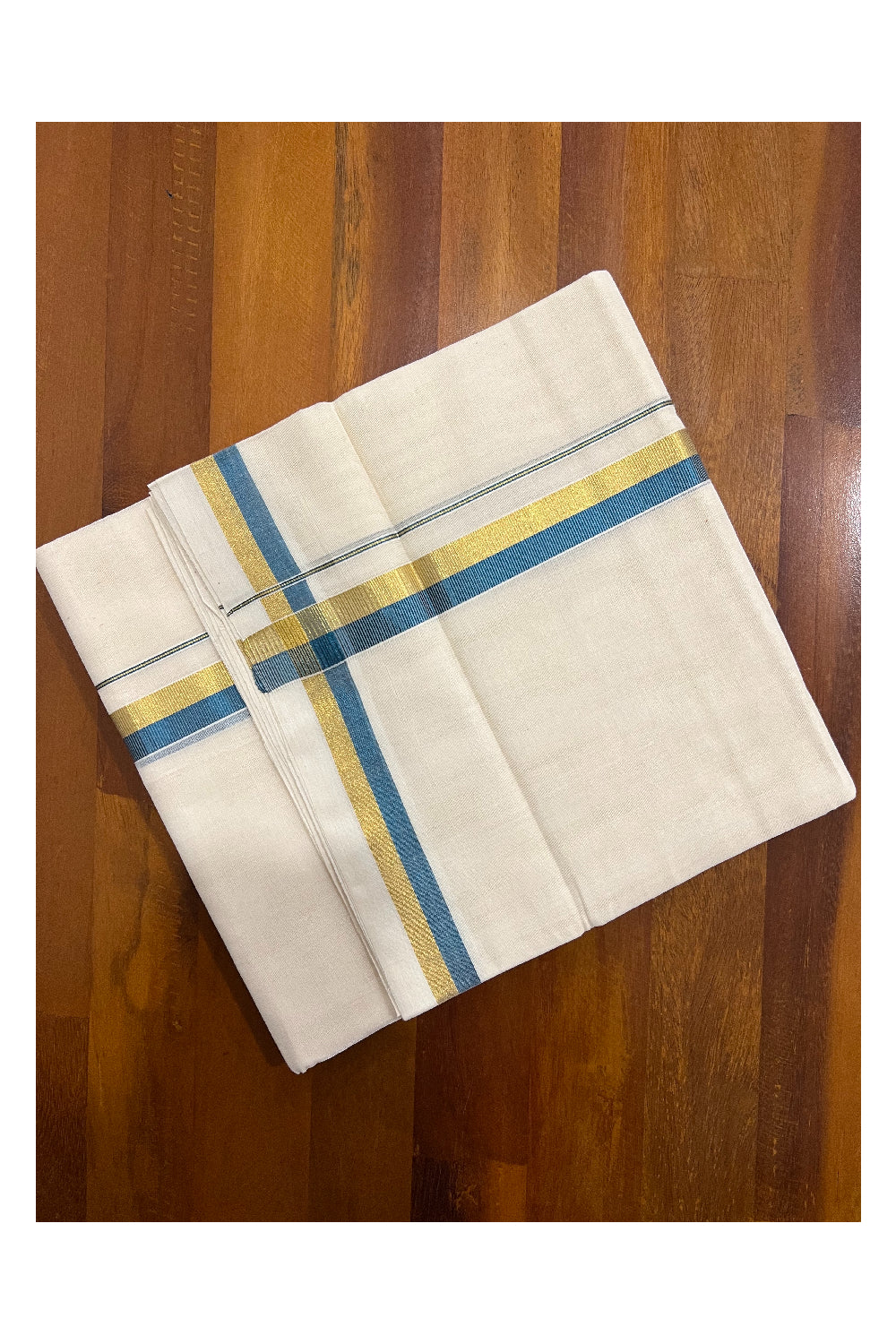 Southloom Balaramapuram Handloom Pure Cotton Mundu with Golden and Light Blue Kasavu Border (South Indian Dhoti)