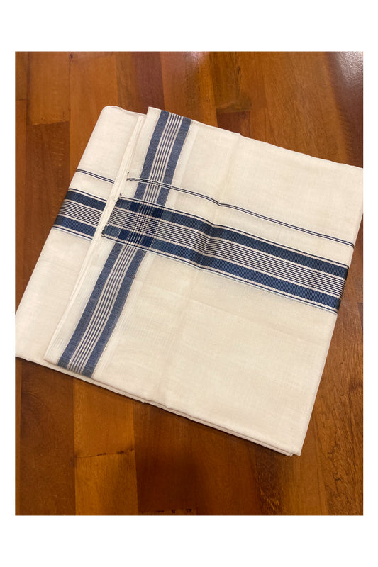 Southloom Premium Handloom Cotton Off White Mundu with Silver and Navy Blue Kasavu Border (South Indian Dhoti)