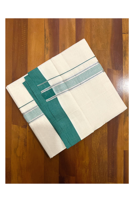 Pure Cotton Off White Double Mundu with Green and Silver Kara (South Indian Dhoti)