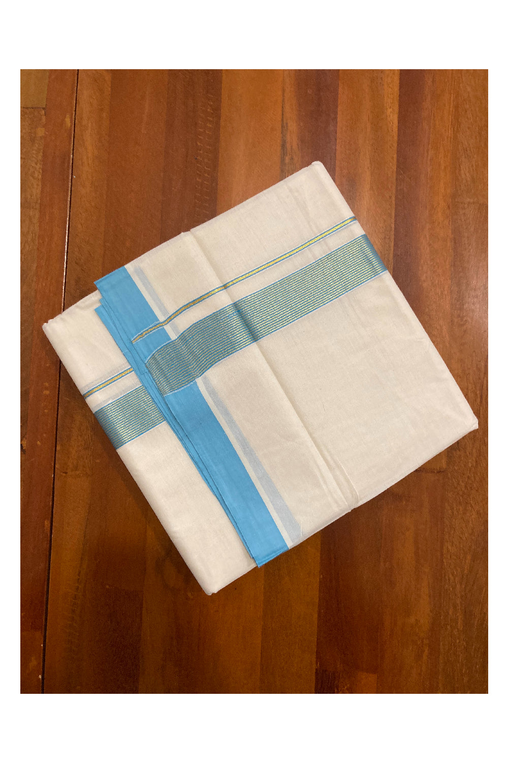 Off White Kerala Double Mundu with Kasavu and Aqua Blue Line Border (South Indian Dhoti)