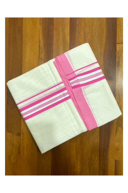 Off White Pure Cotton Double Mundu with Pink and White Border (South Indian Dhoti)