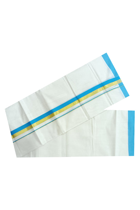 Off White Kerala Double Mundu with Kasavu and Light Blue Kara (South Indian Dhoti)