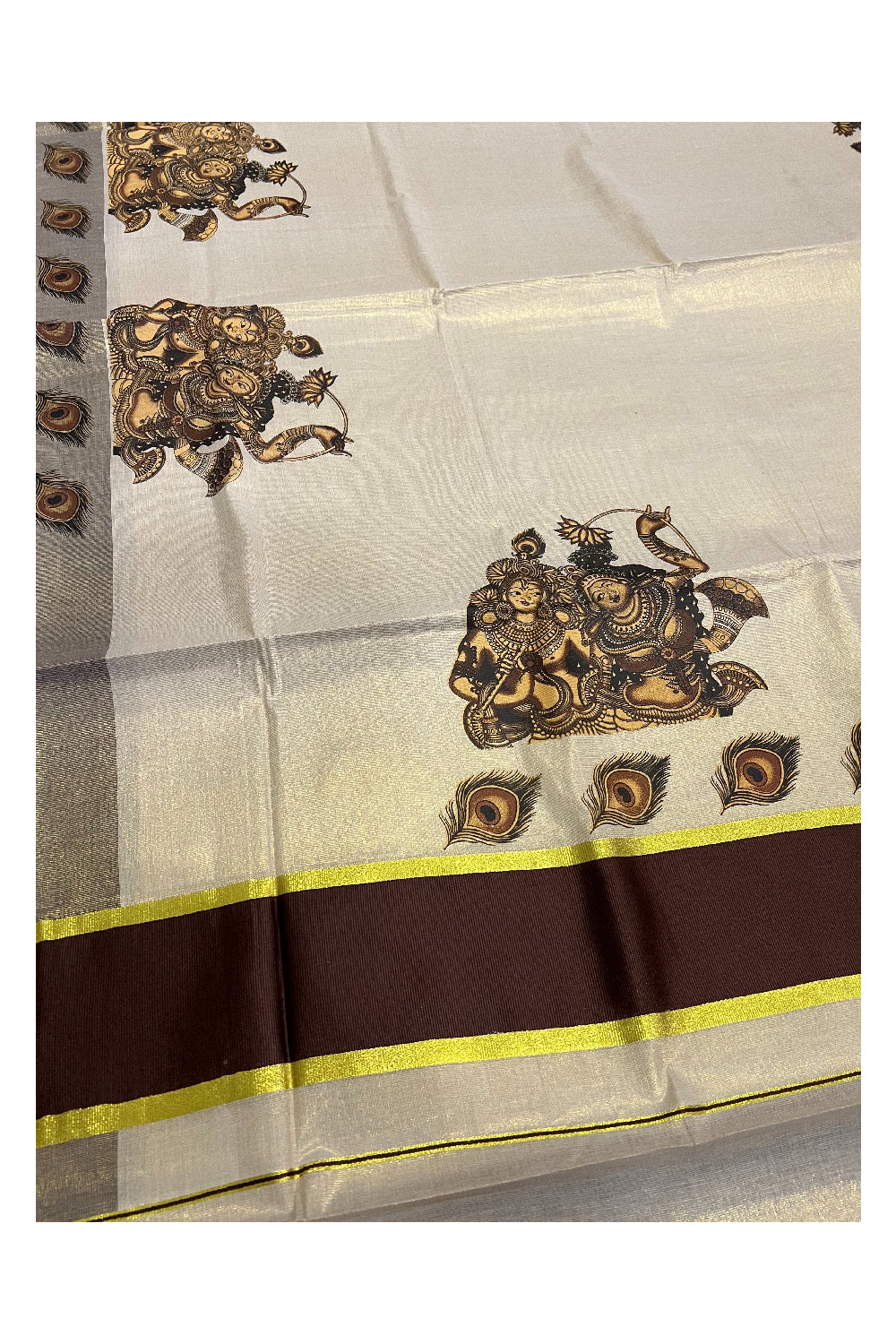 Kerala Tissue Kasavu Saree with Mural Krishna Radha Design and Brown Border