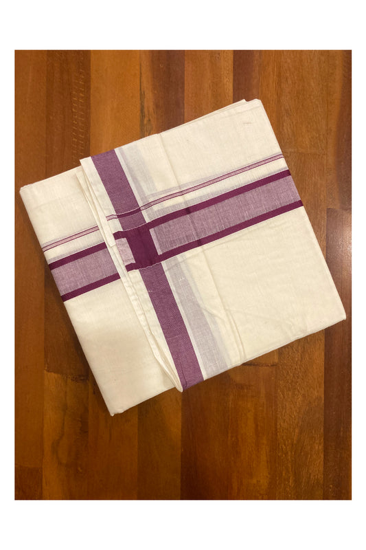 Off White Pure Cotton Double Mundu with Purple Border (South Indian Dhoti)