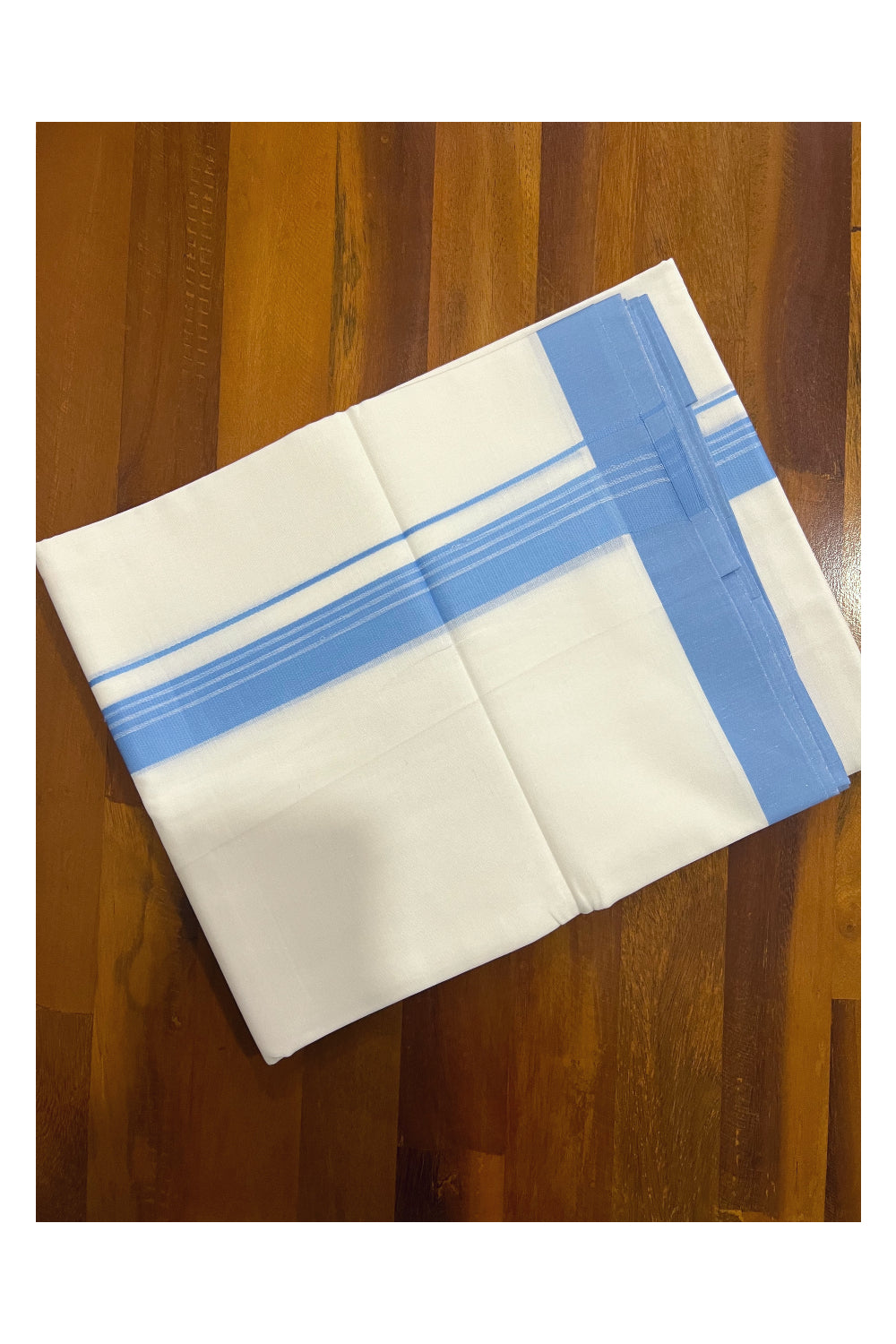 Pure White Cotton Double Mundu with Light Blue Border (South Indian Dhoti)