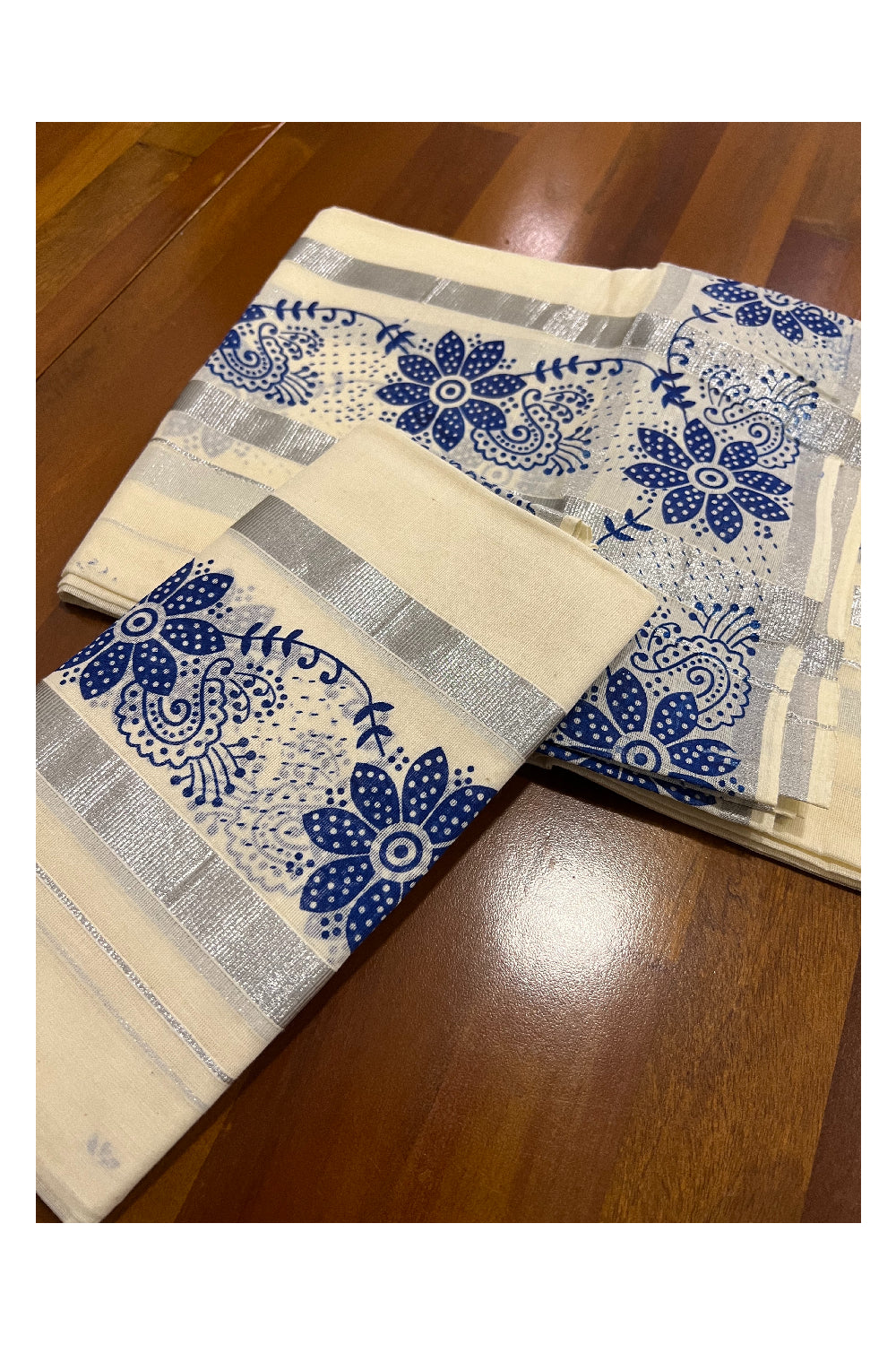 Kerala Cotton Silver Kasavu Set Mundu (Mundum Neriyathum) with Blue Floral Block Print Border