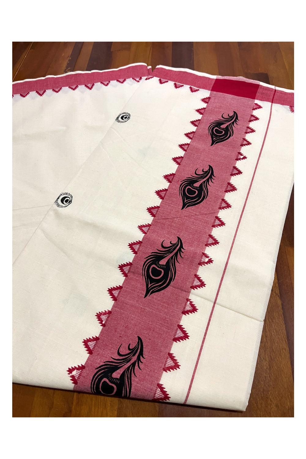 Pure Cotton Off White Kerala Saree with Red Temple Block Prints on Border (Vishu Saree 2023)