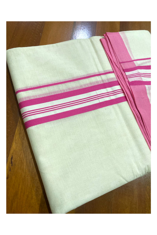 Off White Pure Cotton Double Mundu with Pink and White Border (South Indian Dhoti)