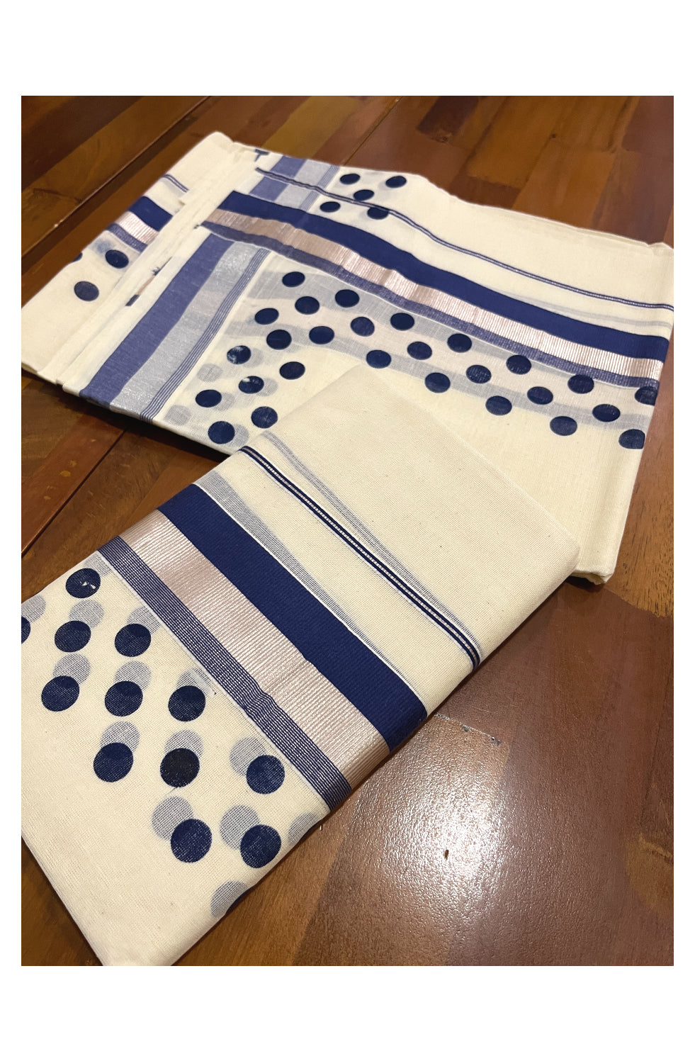 Kerala Cotton Silver Kasavu Set Mundu (Mundum Neriyathum) with Blue Polka Prints