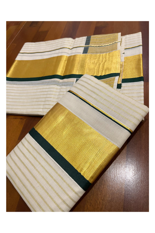 Kerala Cotton Set Mundu (Mundum Neriyathum) with Kasavu Lines on Body and Dark Green Border 2.80 Mtrs