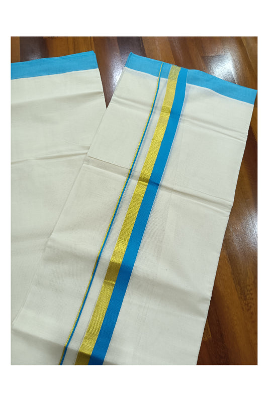 Off White Kerala Double Mundu with Kasavu and Light Blue Kara (South Indian Dhoti)