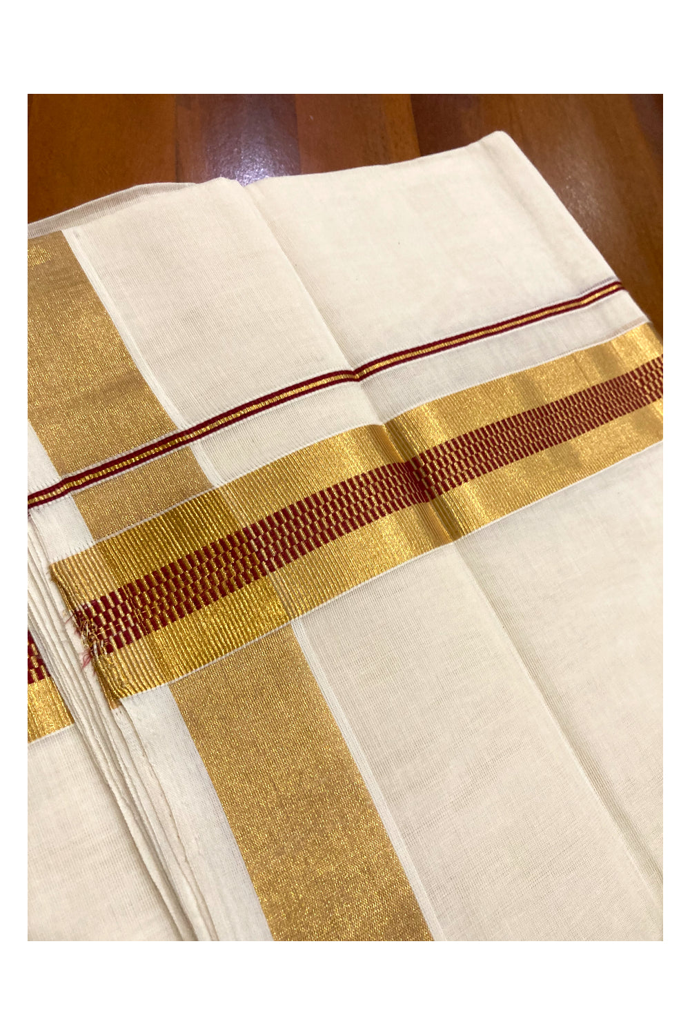 Southloom Premium Handloom Pure Cotton Mundu with Kasavu and Maroon Border (South Indian Dhoti)