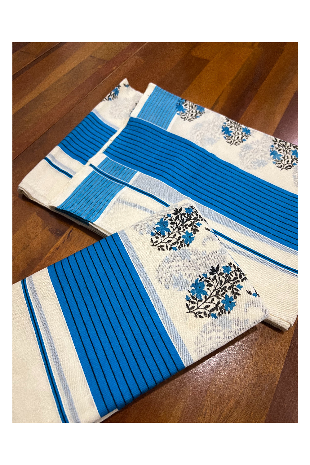 Kerala Cotton Set Mundu (Mundum Neriyathum) with Floral Block Prints in Blue Border