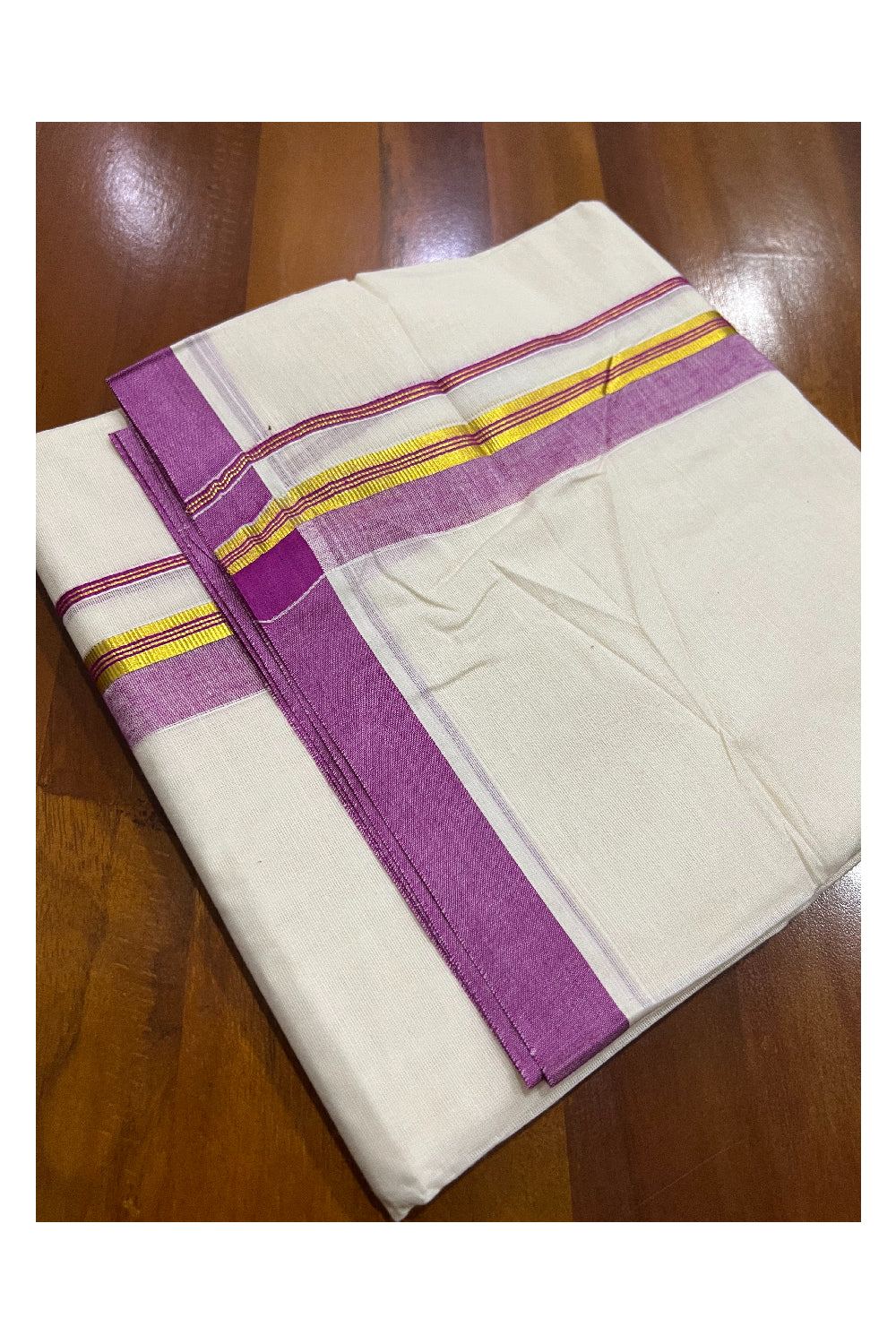 Pure Cotton Off White Double Mundu with Magenta and Kasavu Border (South Indian Kerala Dhoti)