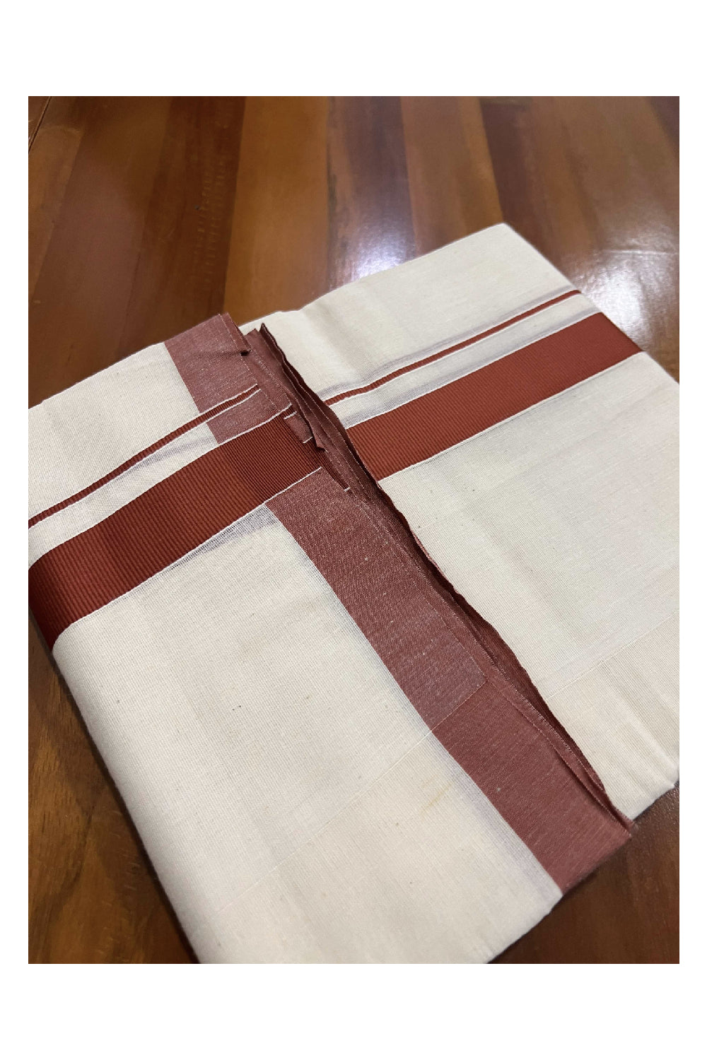 Off White Pure Cotton Double Mundu with Dark Orange Kara (South Indian Dhoti)