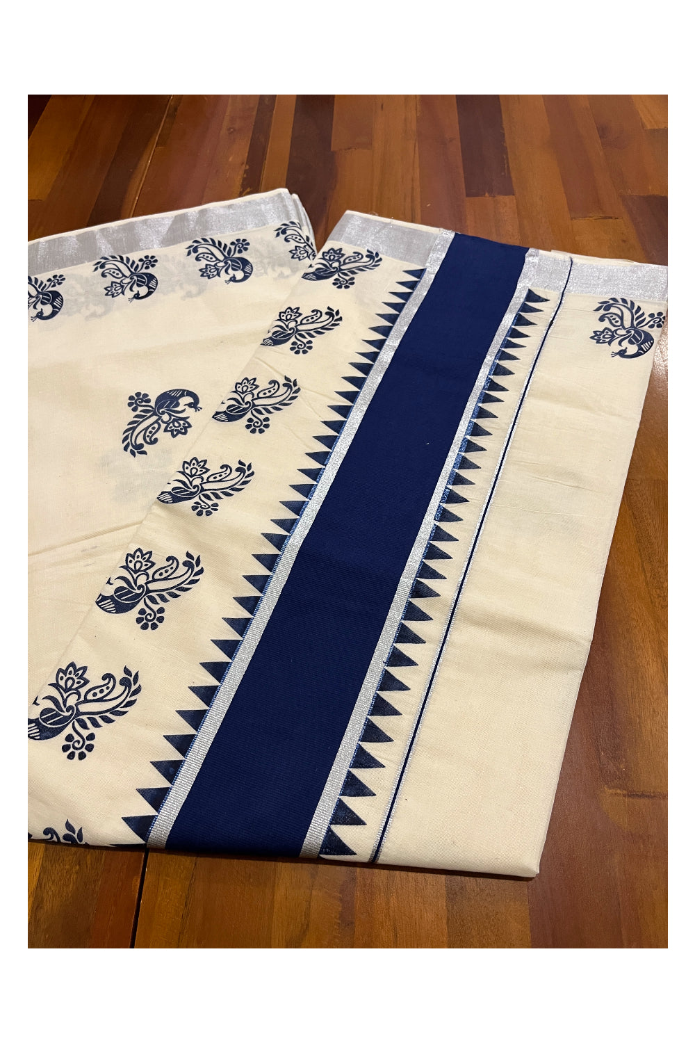 Pure Cotton Kerala Saree with Blue Peacock Block Prints and Silver Kasavu Temple Border (Vishu Saree 2023)