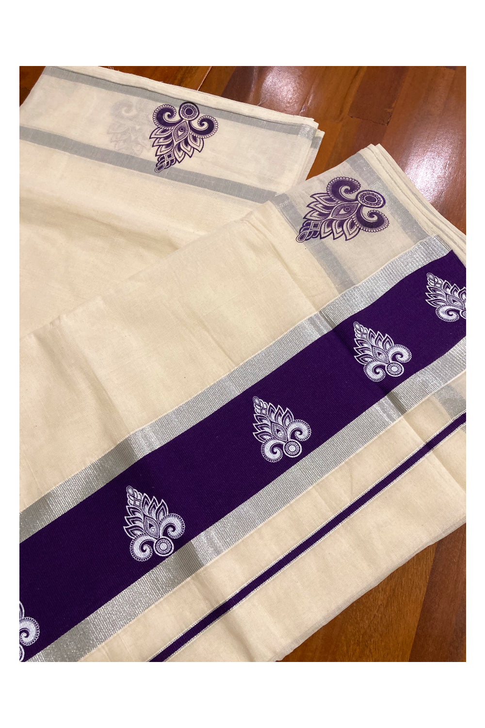 Pure Cotton Kerala Silver Kasavu Saree with White Block Prints in Dark Violet Pallu