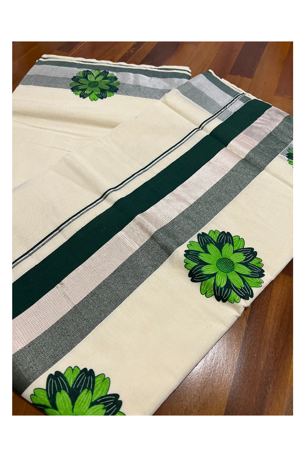 Kerala Cotton Silver Kasavu and Dark Green Border Saree with Green Floral Mural Printed Design