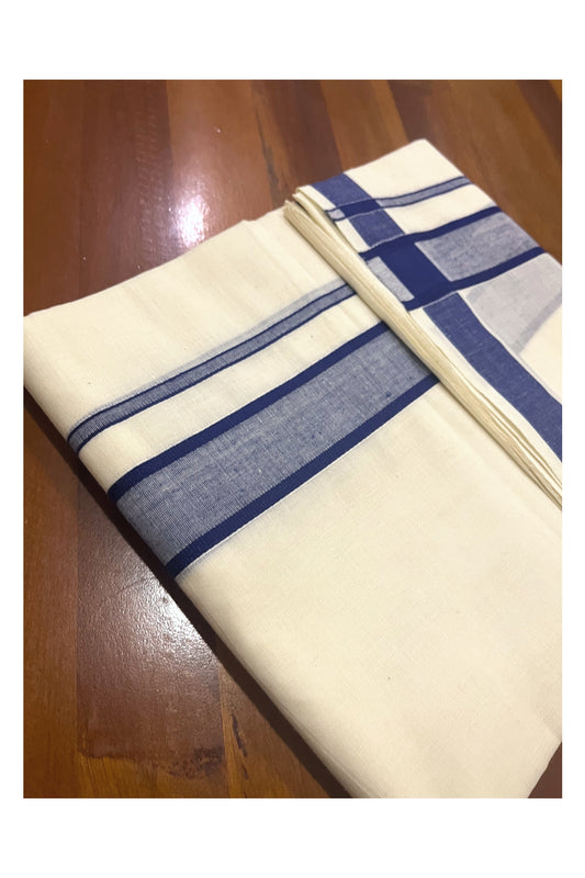 Pure Cotton Off White Double Mundu with Blue Border (South Indian Dhoti)