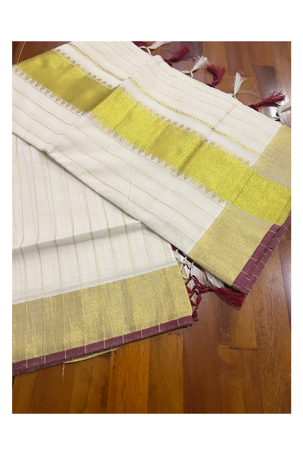 Kerala Cotton Stripes Design Saree with Kasavu Temple Pallu and Maroon Tassels work