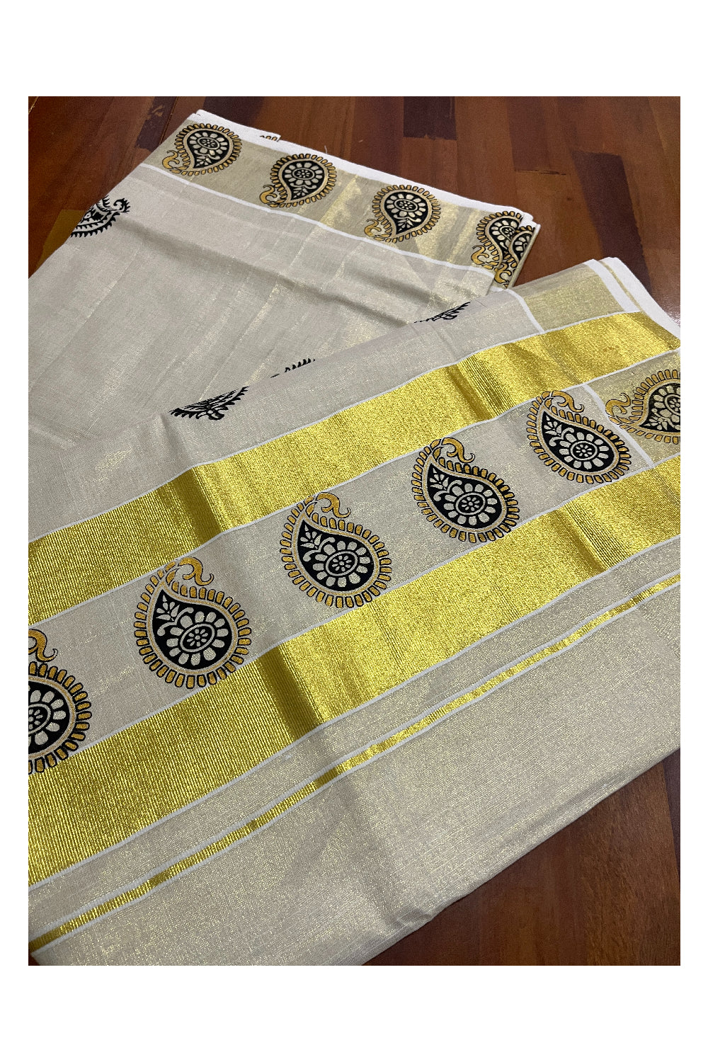 Kerala Tissue Kasavu Black Paisley Block Printed Design Saree