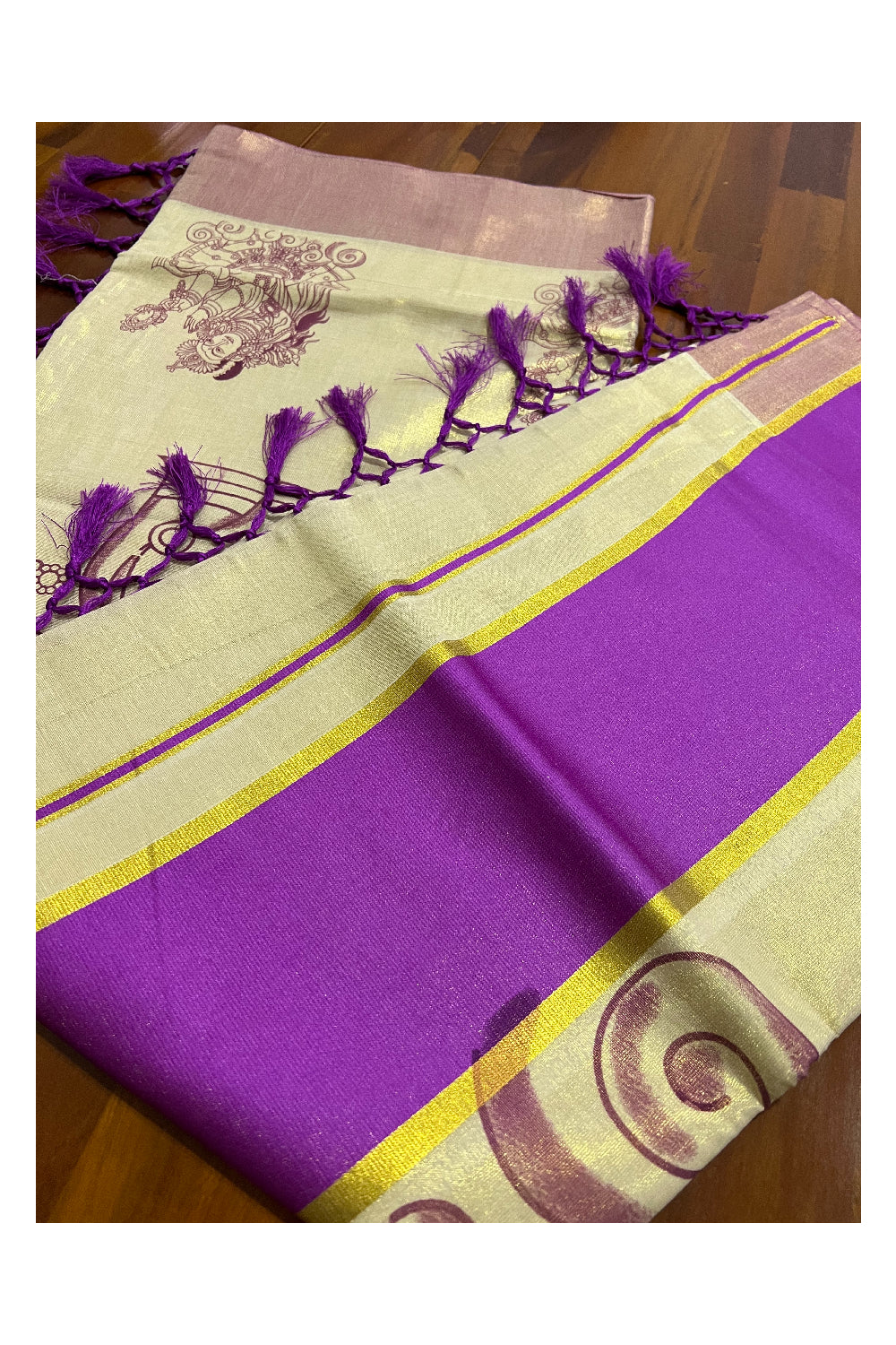 Kerala Tissue Kasavu Mural Printed Saree with Devi Design and Magenta Border