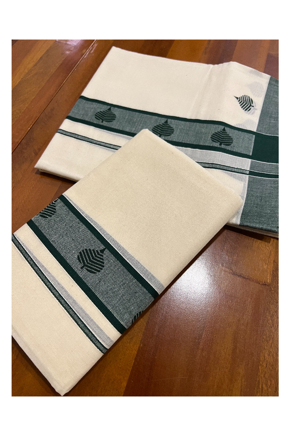 Pure Cotton Set Mundu (Mundum Neriyathum) with Dark Green Leaf Block Prints on Border